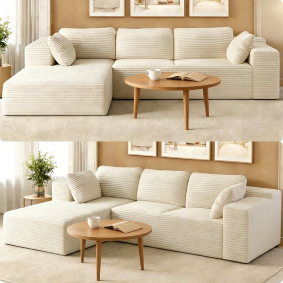 Jolifa 105" Modular Sectional Sofa L-Shaped Cloud Deep Seat with Chaise, Plush Corduroy Fabric, No Assembly, Beige