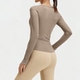 thumbnail image 4 of OGLCCG Womens Cropped Workout Tops Casual Long Sleeve Gym Yoga T Shirt Breathable V Neck Athletic Tees Shirts with Thumb Hole,S,Khaki, 4 of 6