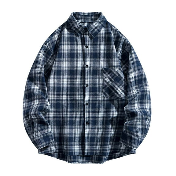Men Tops Flannel Plaid Shirts Long Sleeve Casual Button Down Checkered Buffalo Plaid Shirt for Spring and Autumn Navy L