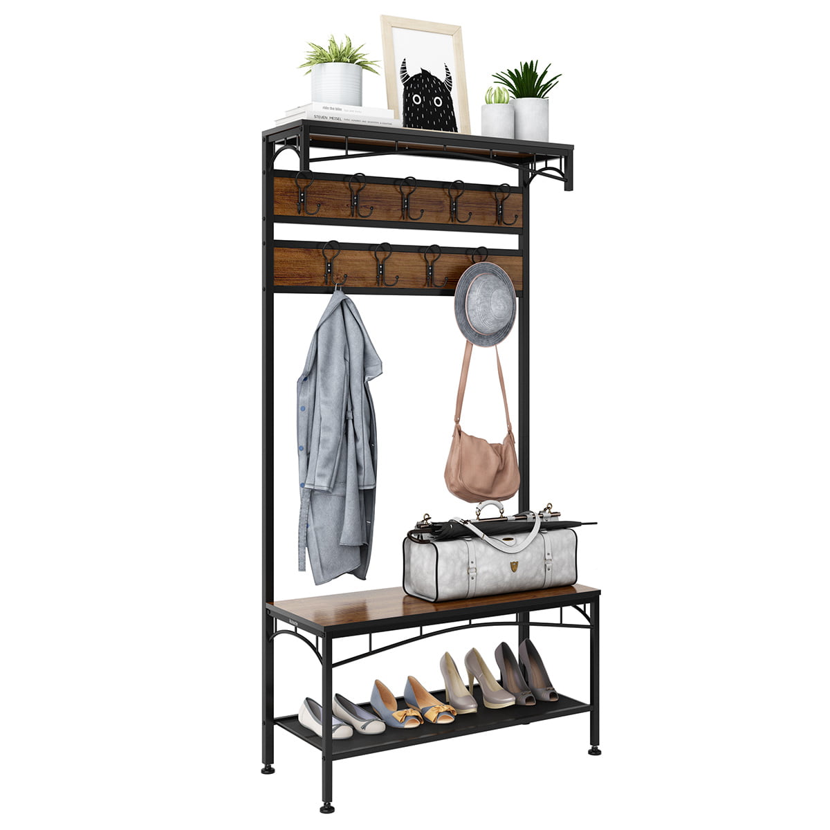 Black Freestanding Coat Rack Shoe Bench 3 in 1 Hall Tree Entryway Storage Shelf with 7 Hooks and Metal Frame 69 inches