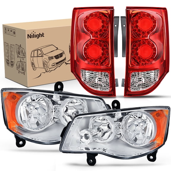 Nilight Headlight and Taillight Assembly Combo Compatible with 2011-2020 Dodge Grand Caravan OE Style Chrome Housing Amber Reflector with Red Housing Tail Light