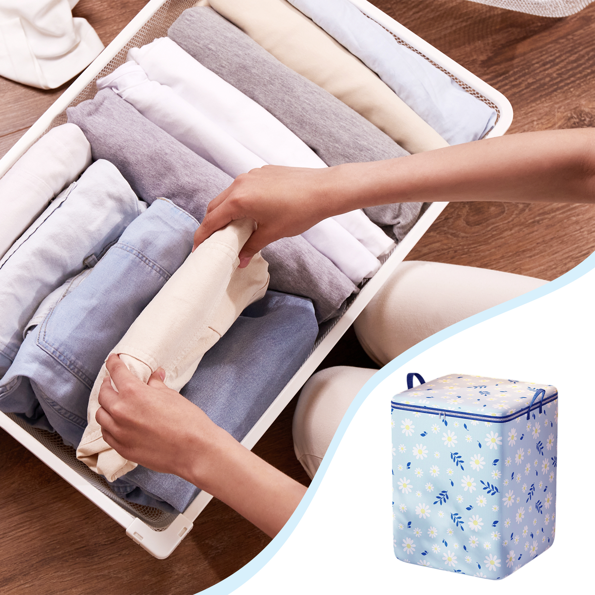Unique Bargains Daisies Pattern Storage Bag Storage Bins 1 Pc Blue 19.69"x19.69"x27.56"
