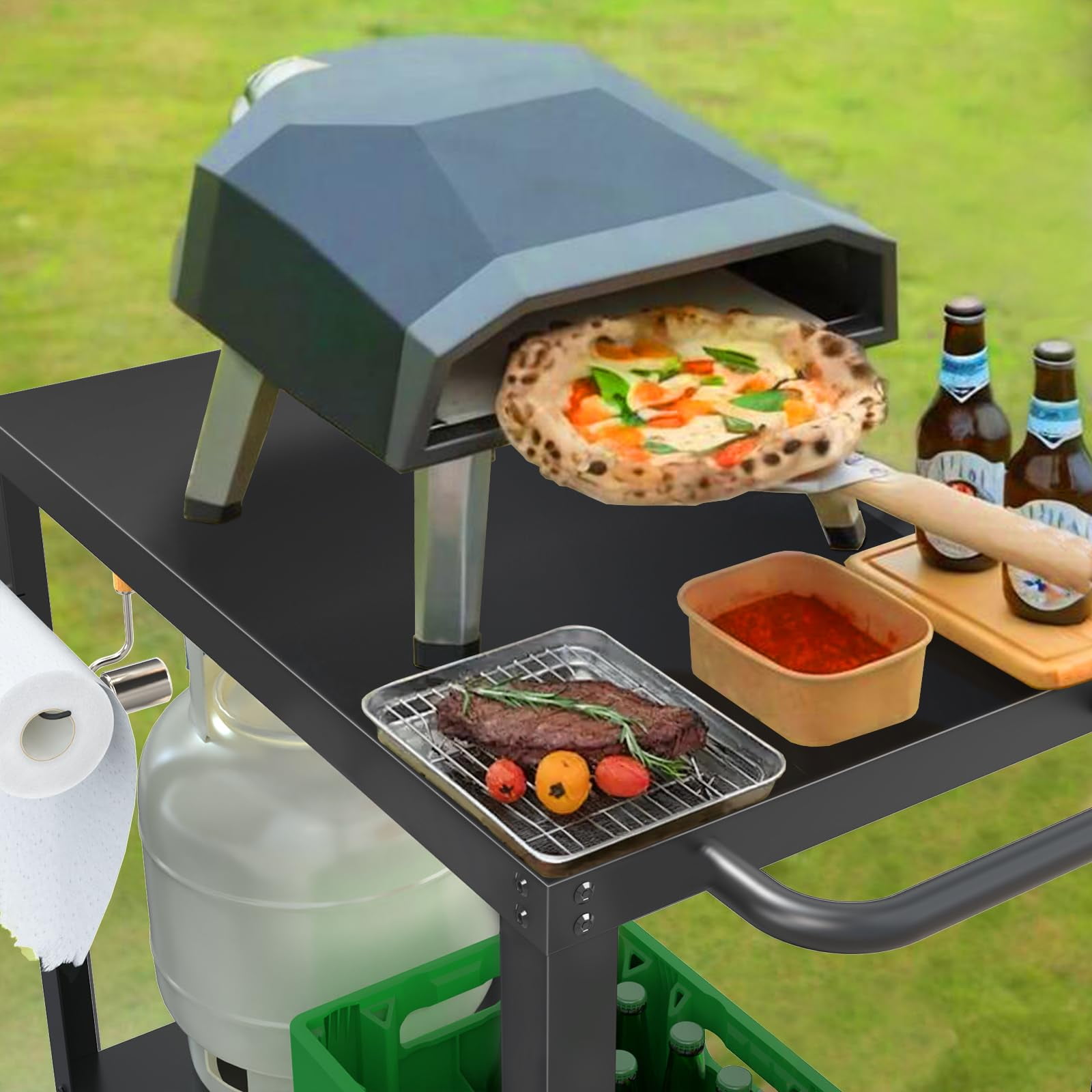 Outdoor Grill Cart with Wheels, Rolling Dining Table for Blackstone Griddle Stand, BBQ Kitchen Food Prep Table for Party