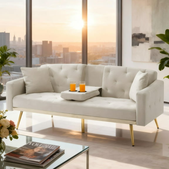 BSHTI Modern Adult Futon Sofa Bed,Modern Velvet Adult Sofa Couch with Armrest for Livingroom(Beige)