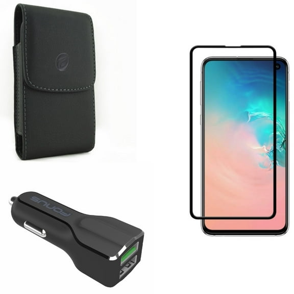 Galaxy S10e Car Charger w Case Belt Clip w Screen Protector - 30W 2-Port USB Power, Leather Holster Cover, Tempered Glass 5D Curved Edge for Samsung Galaxy S10e Phone