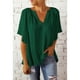 thumbnail image 2 of Blusa holgada con cuello en V y manga corta acampanada, color puro, plisada, para mujer, verano, verde, S, 2 of 6