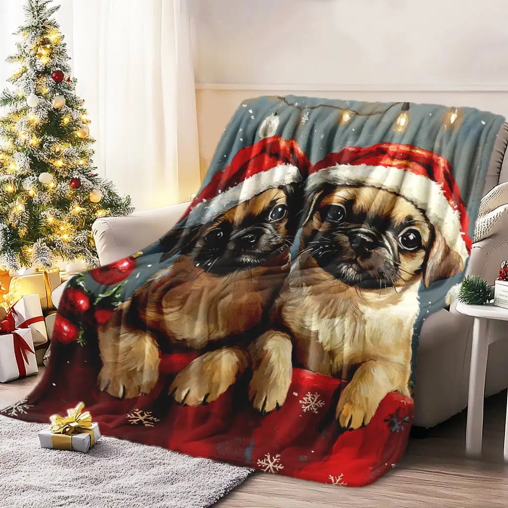 1pc Cozy Christmas Pug Dogs Flannel Blanket - All Seasons Fantasy Themed Soft Warm Quilted Throw with Digital Print, Machine Washable, Multipurpose for Napping, Camping, Travel, Office Decor