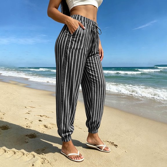 Women's Striped Joggers Pants Elastic High Waisted Drawstring Lounge Trousers Lightweight Casual Baggy Sweatpants with Pockets for Summer Beach Vacation