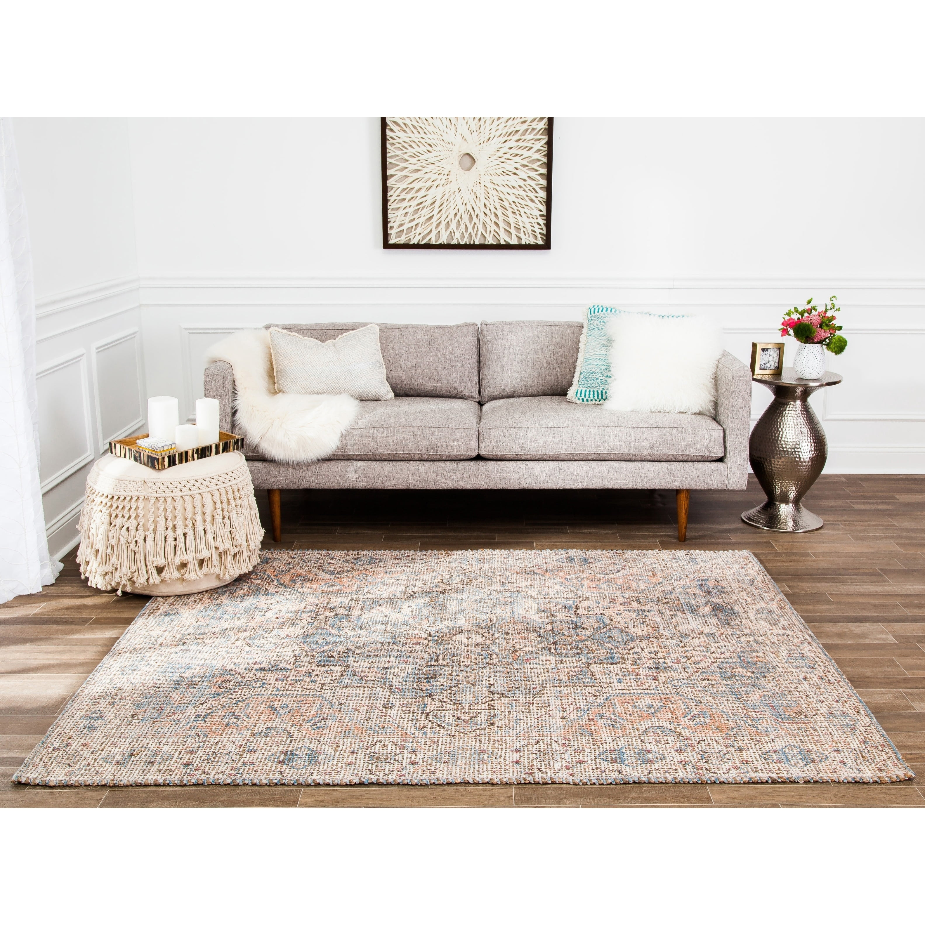 Jani  Davia Distressed Beige Jute-blend Rug 8' Round Oriental, Medallion, Geometric 8' Round Entryway, Living Room, Dining Room Round Braided