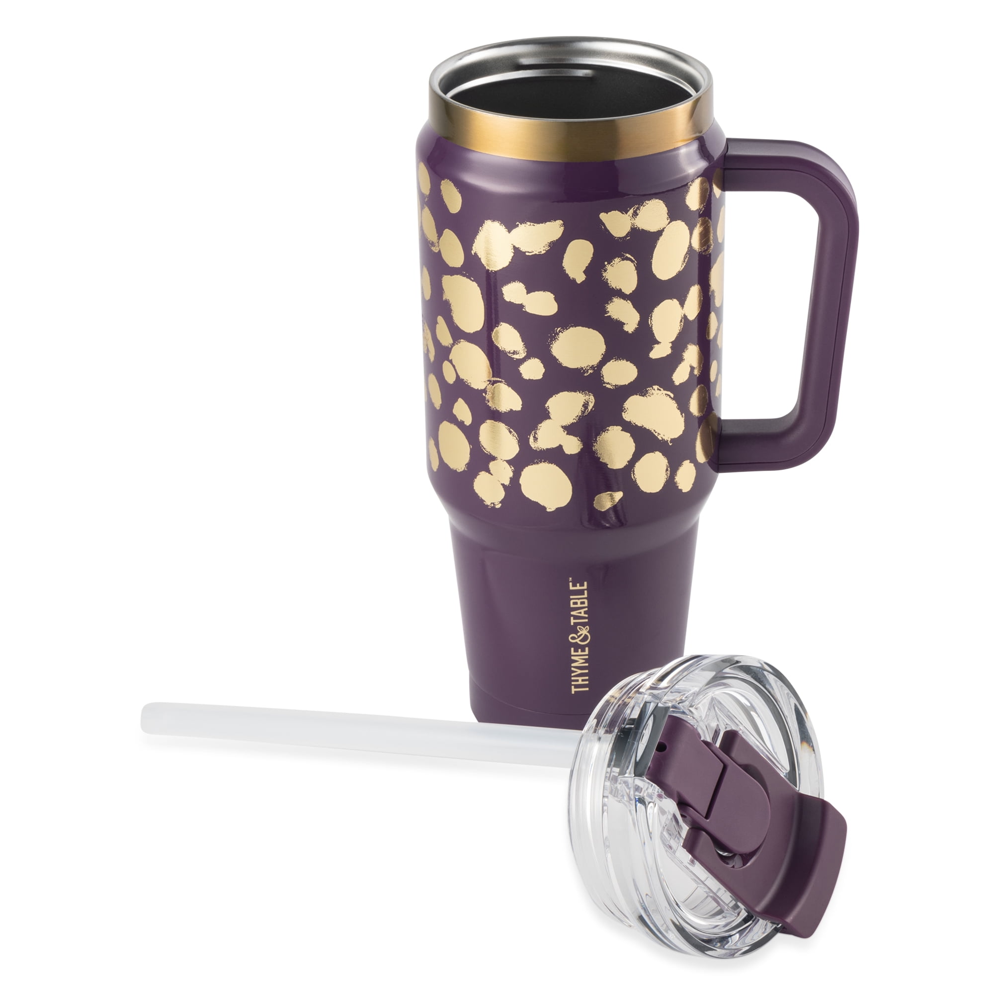 Thyme & Table 32 fl oz Stainless Steel Luna Tumbler with Handle and Dual Straw Lid, Purple & Gold Dot