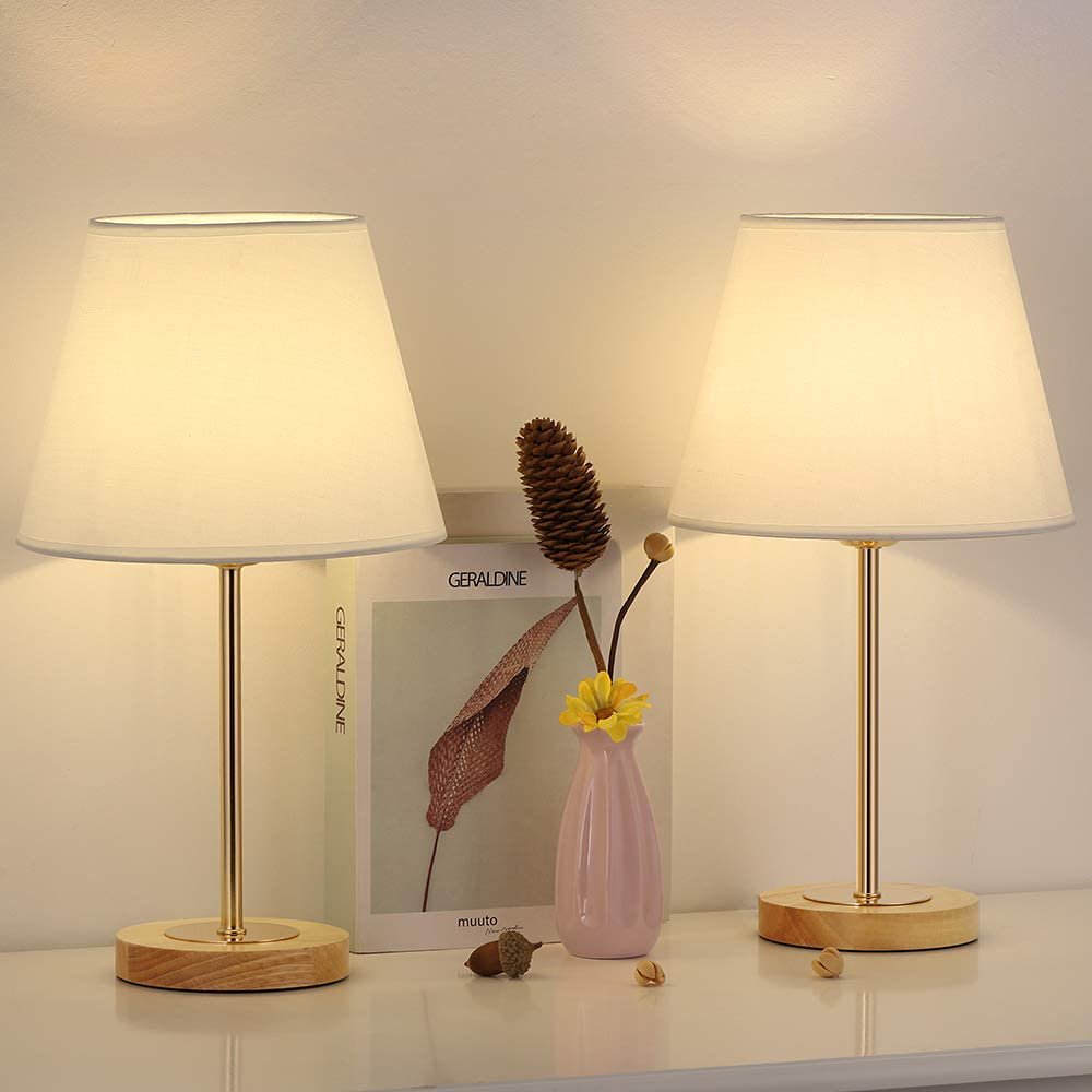 Set of 2, Nightstand Gold Desk Lamp, Modern Wood Lamp with Fabric Shade