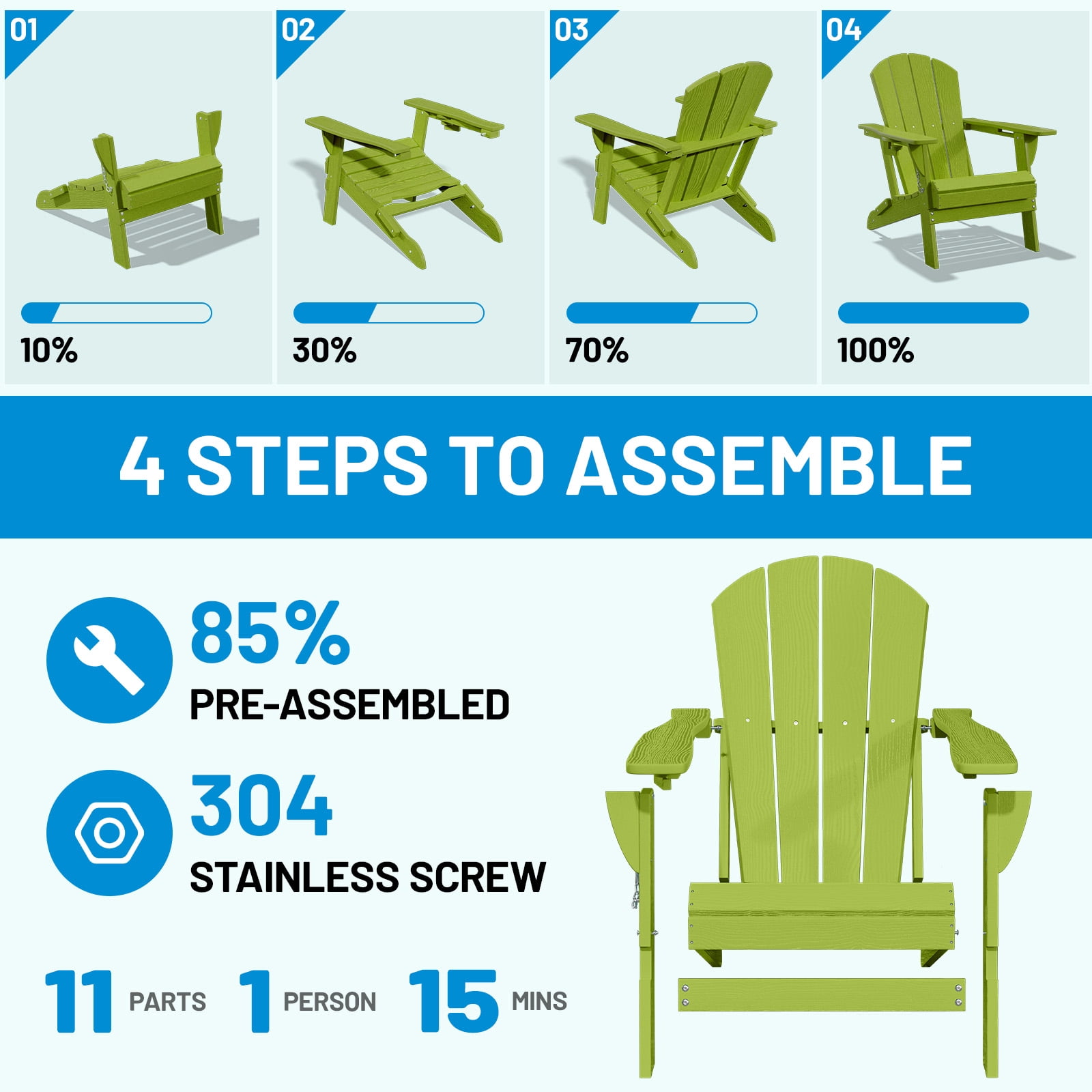 Easthome Adirondack Chair, HDPE All-Weather Outdoor Patio Lounge Chair with Cup Holder & 380lb Capacity for Deck, Garden, Poolside, Backyard - Green