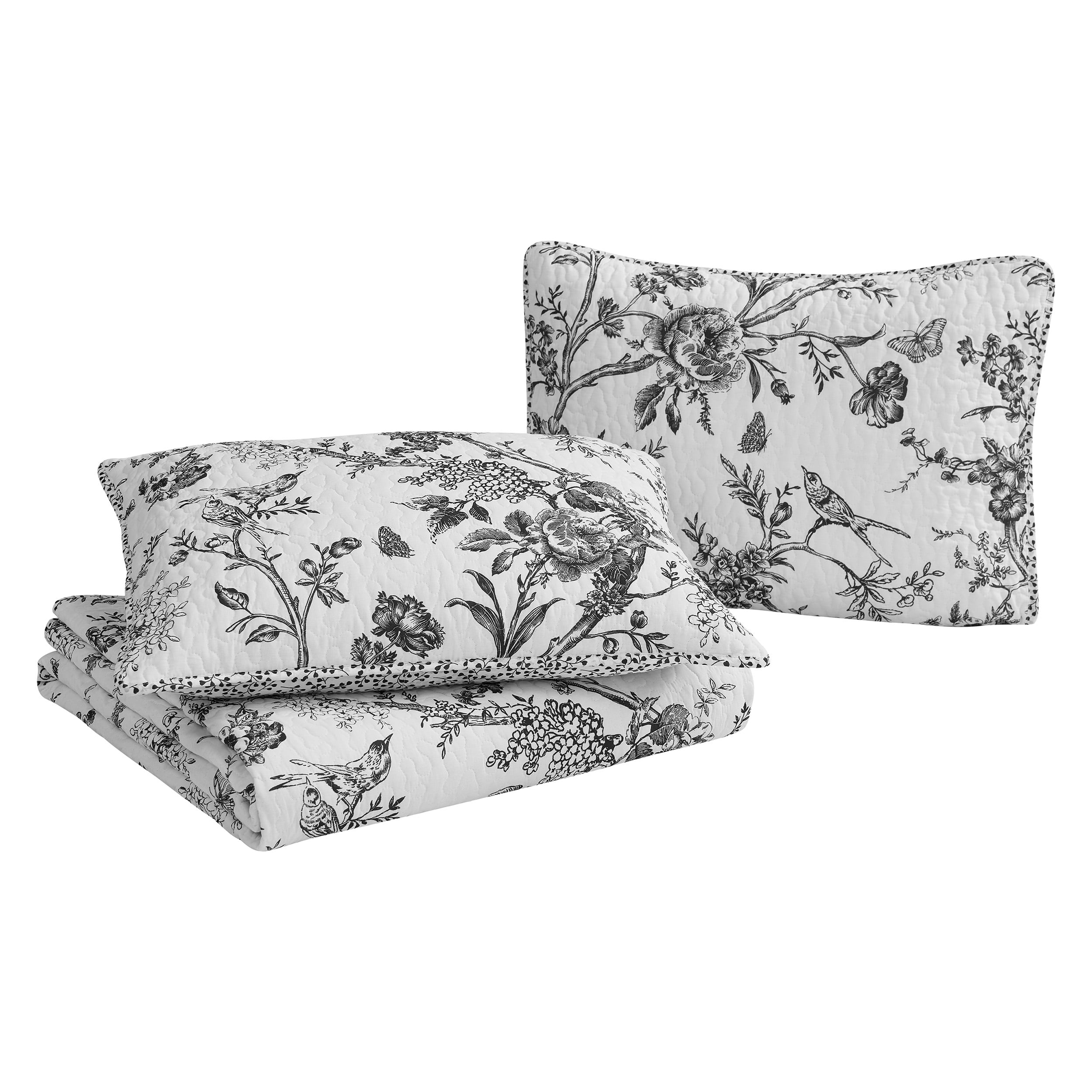 Chantilly Toile Floral Black 2-Piece All-Season Reversible Cotton Quilt Set - Twin
