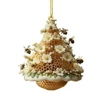 geerera Bee-Themed Christmas Tree Ornament, 2D Acrylic Honeycomb Hanging, Beehive Flowers Ornament for Nature Lover Gifts, Unique Home Decoration