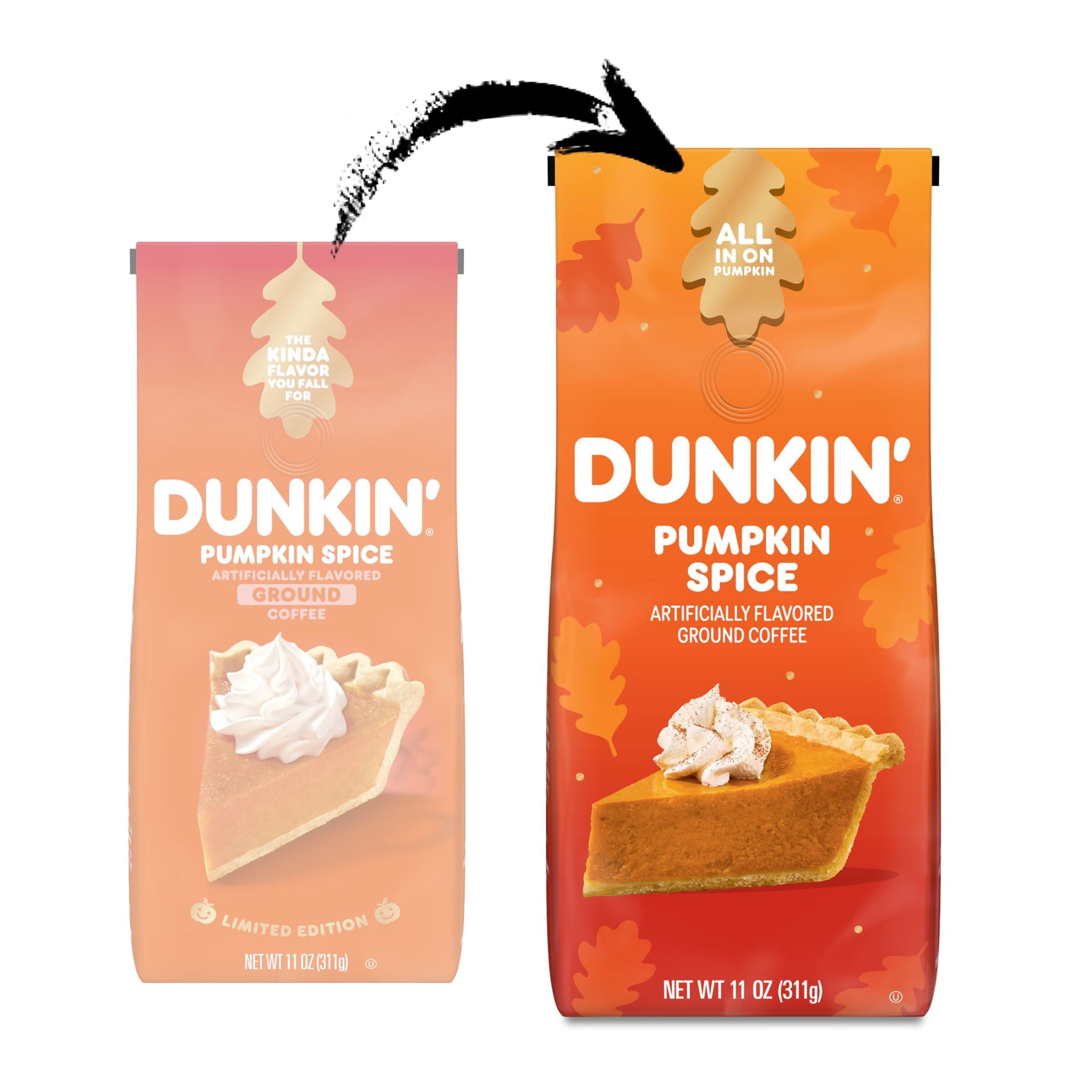 (2 pack) Dunkin’ Pumpkin Spice Artificially Flavored Ground Coffee, 11 oz Bag