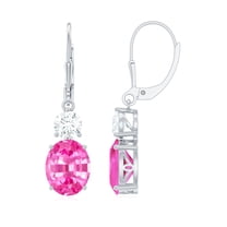 Lab Grown Pink Sapphire Drop Earrings with Moissanite, Lever Back Earrings - AAAA Grade, 18K White Gold
