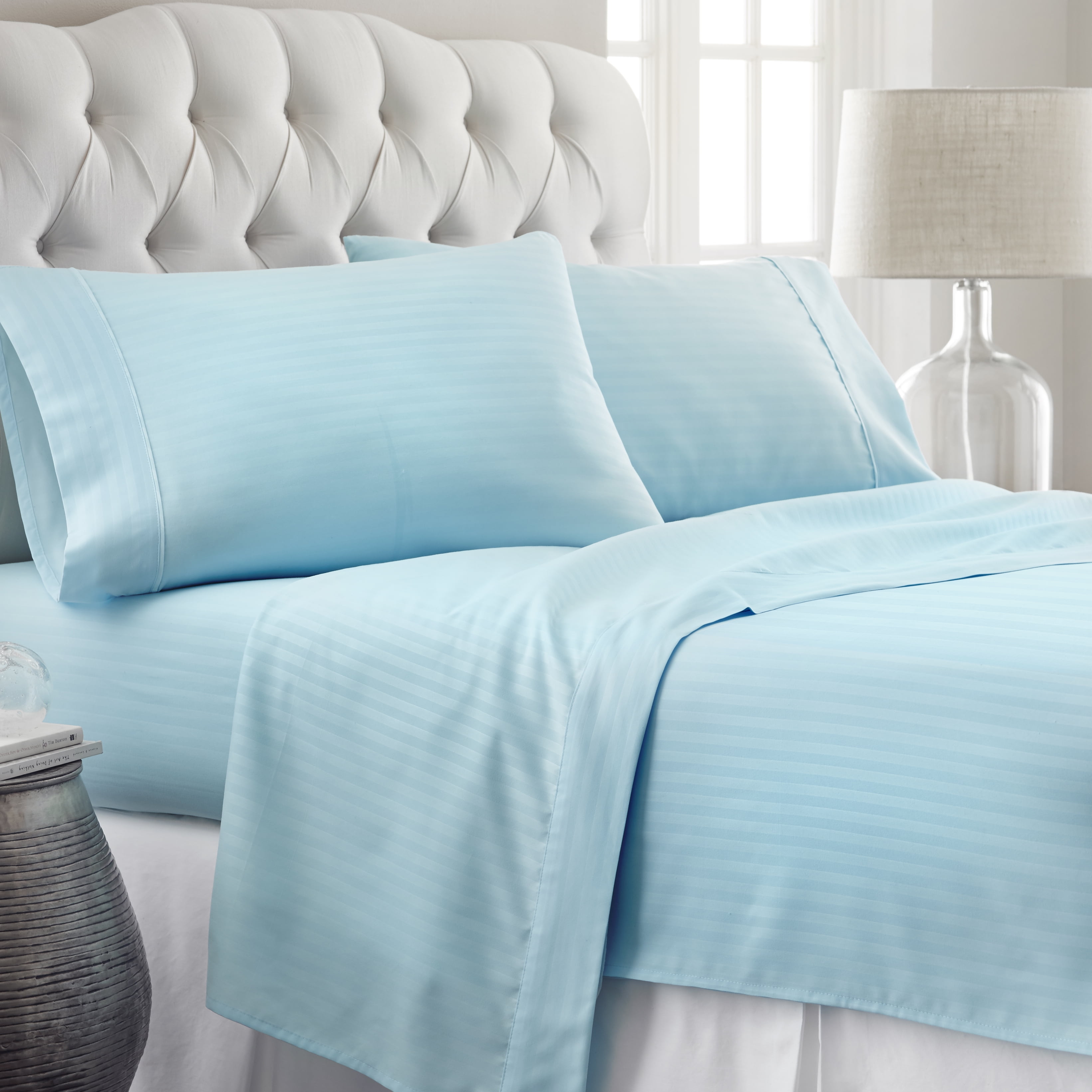 Aqua Striped Embossed 4 Piece Bed Sheet Set, Queen, by Noble Linens