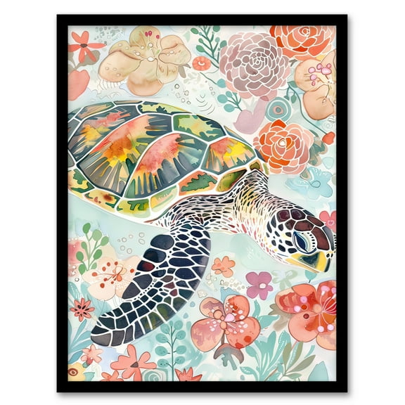 Artery8 Colourful Sea Turtle Marine Flowers Watercolour Bathroom Toilet Art Print Framed Poster Wall Decor 12x16 inch