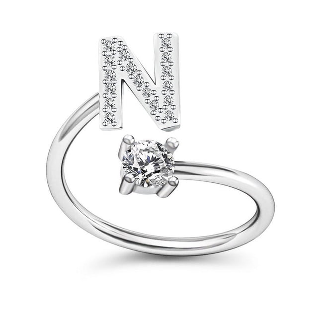 Anillo con letras creativas, sencillo y combinable, de estilo europeo y americano, con diamantes y apertura con 26 letras inglesas, anillo ajustable