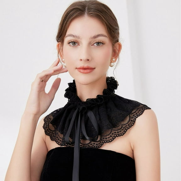 Hauaitttt Vintage Ruffled Lace Neck Collar French Elegant Double Layer Lace Shawl Stand up Collar Women Bodysuit Womens Colla Dress Shirt Collarless Button Shirts for Women Half Blouse Turtle Neck