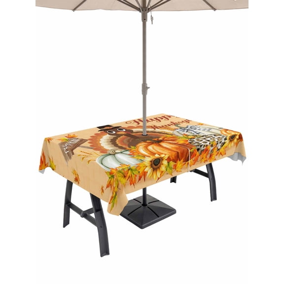 Outdoor Tablecloth with Umbrella Hole and Zipper, Thanksgiving Rectangle Table Cloth 52x70 Inch Waterproof Tablecloth, Orange Maple Leaf Pumpkin Harvest Fall Picnic Table Cover for Patio Camping