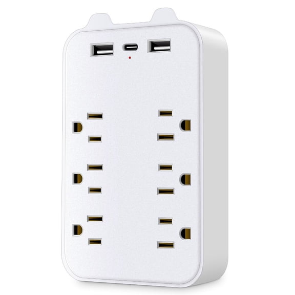 9 IN 1 Wall Outlet Extender Surge Protector 6 AC Outlet 1 USB-C 2 USB-A ports Charging Station Phone Holder,white