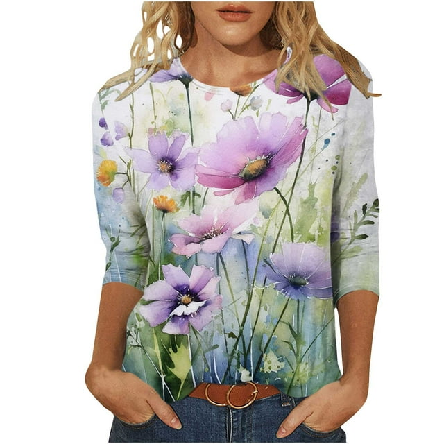 Wanfds Purple Ladies 2024 Tops And Blouses Spring Fashion Round Neck Three-Quarter Sleeve Top L