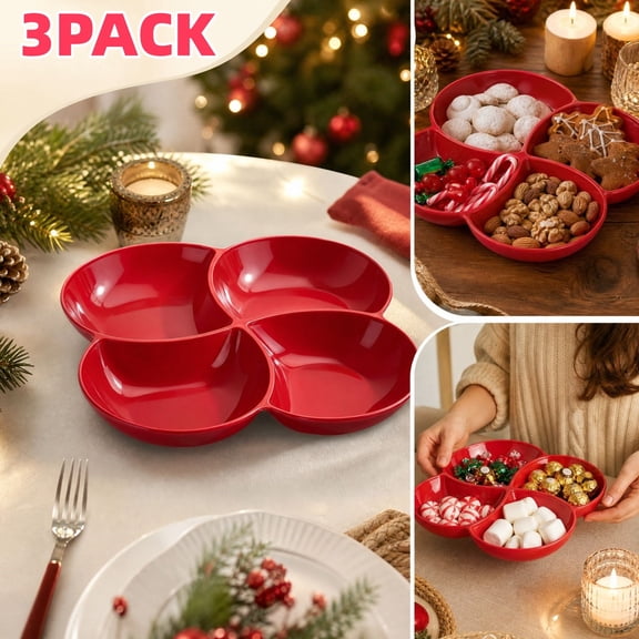 ShaoXinWan Christmas Serving Tray 3 Pack Red, 4-Compartment Plastic Snack Platter, Christmas Decorations Indoor Outdoor 8.46in for Holiday Party Table