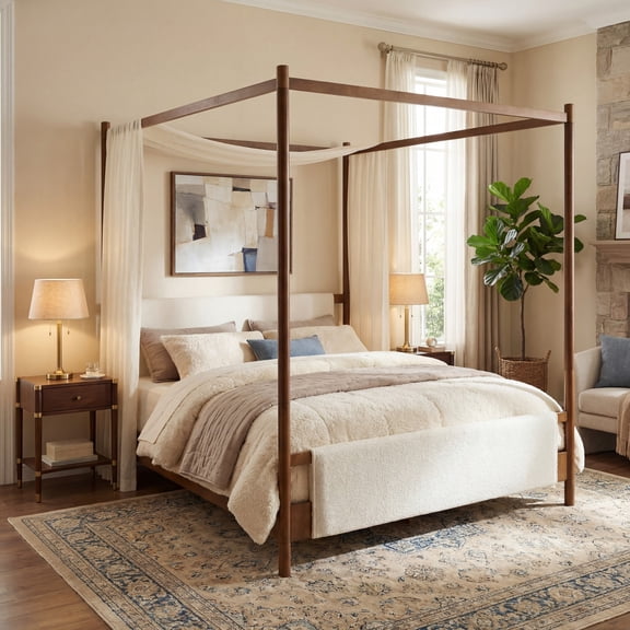 Christopher Knight Home King Boucle Upholstered Canopy Bed Frame with Wood Frame, Brown Off White