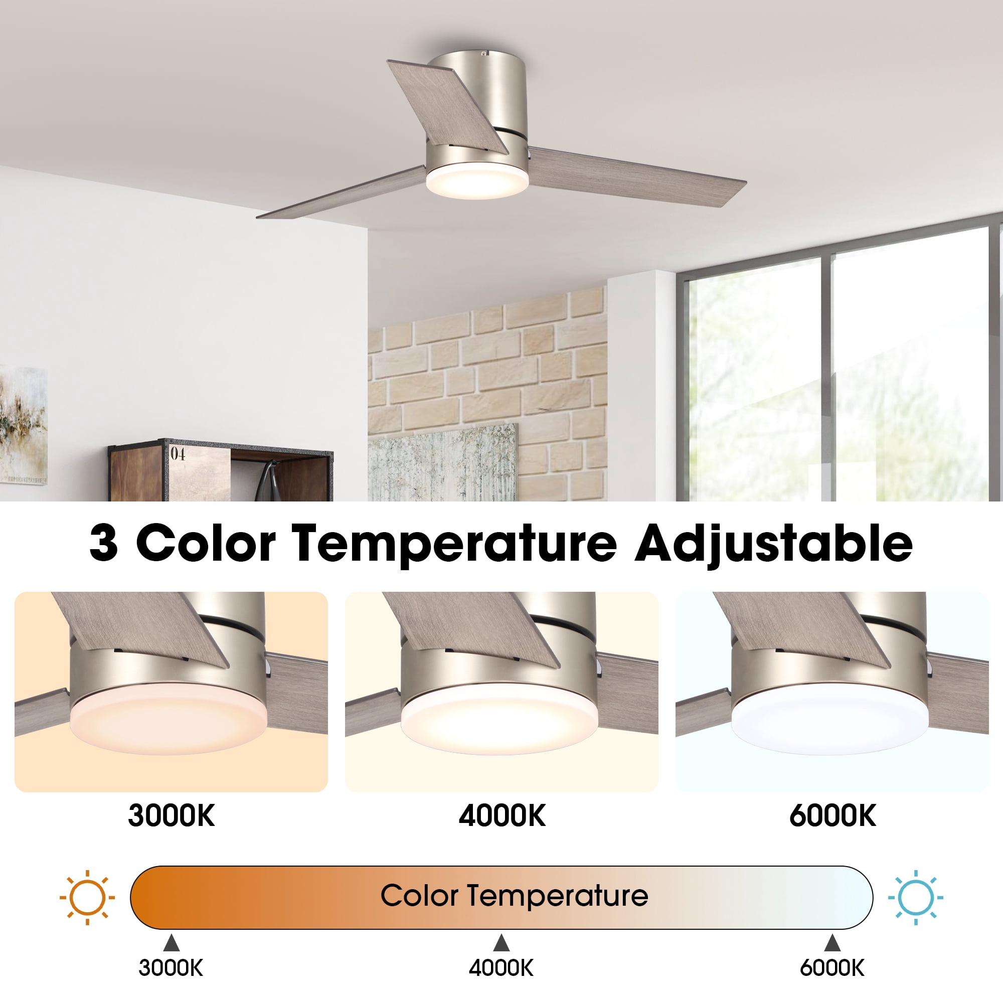 Parrot Uncle 48-Inch Brushed Nickel Dimmable Reversible LED Ceiling Fan with Light and Remote Control