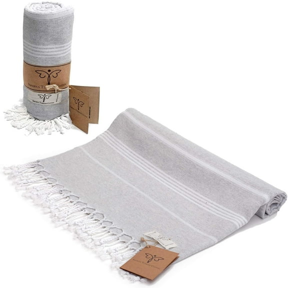 Smyrna Classical Series Original Turkish Beach Towel 100% Cotton, Prewashed, 37 x 71 Inches Peshtemal and Turkish Bath Towel for SPA, Beach, Pool, Gym and Bathroom Light Gray