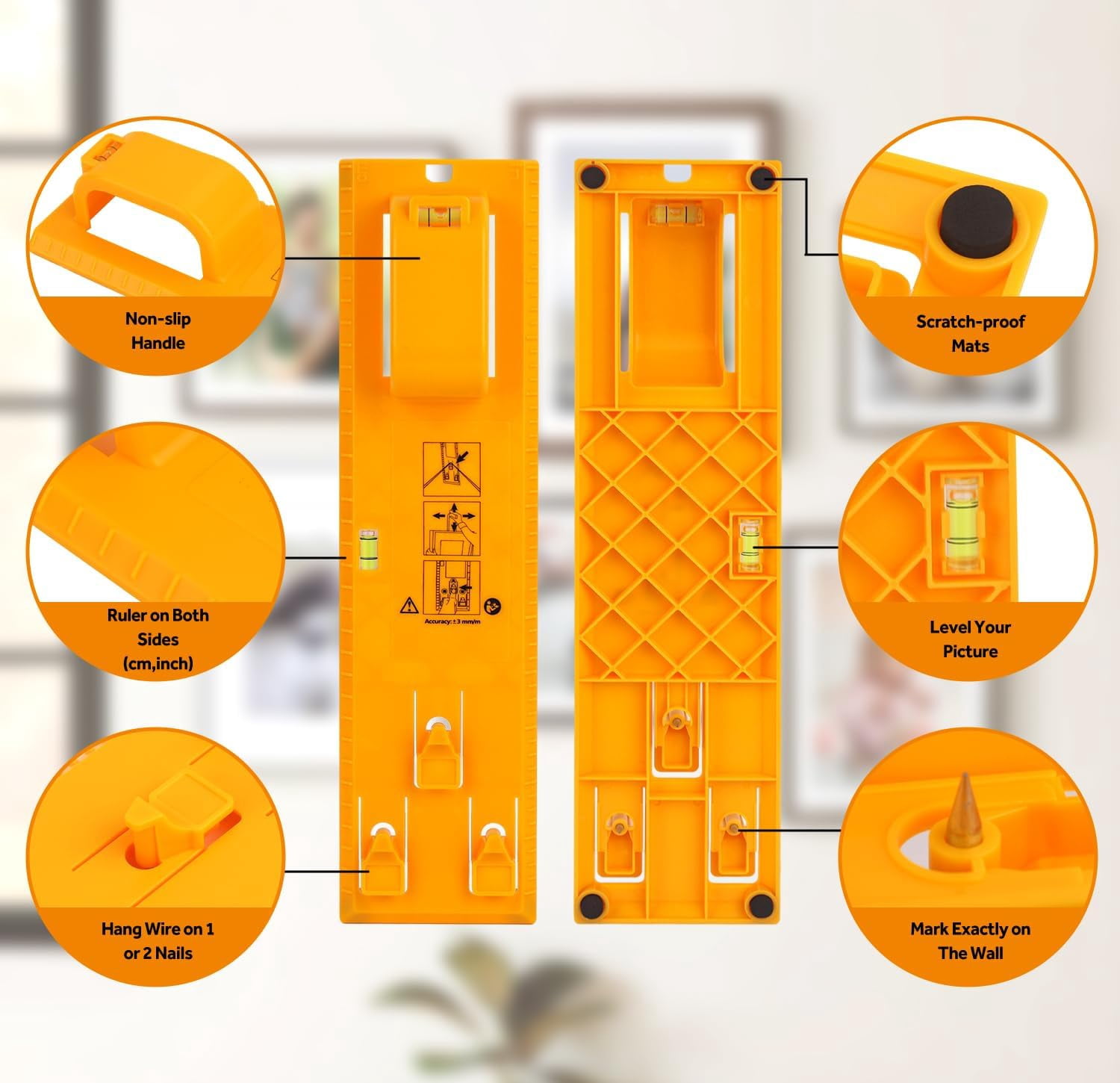 JJEAN-Upgraded Picture Hanging Kit with a Box of Hooks, Heavy Duty Wall Hanger Tool with Bubble Level & Positioning Guide, Frame, Art, Photo Mounting Solution for Drywall, Brick, Wood