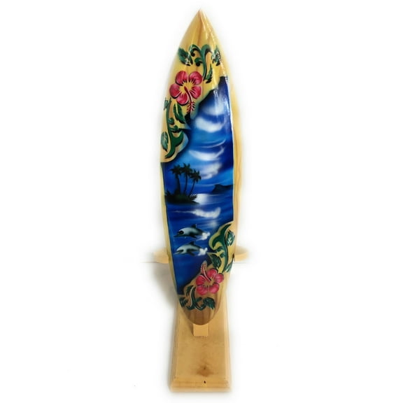 Surfboard w/ Stand Dolphins & Hibiscus Design 12" - Trophy | #lea03k30