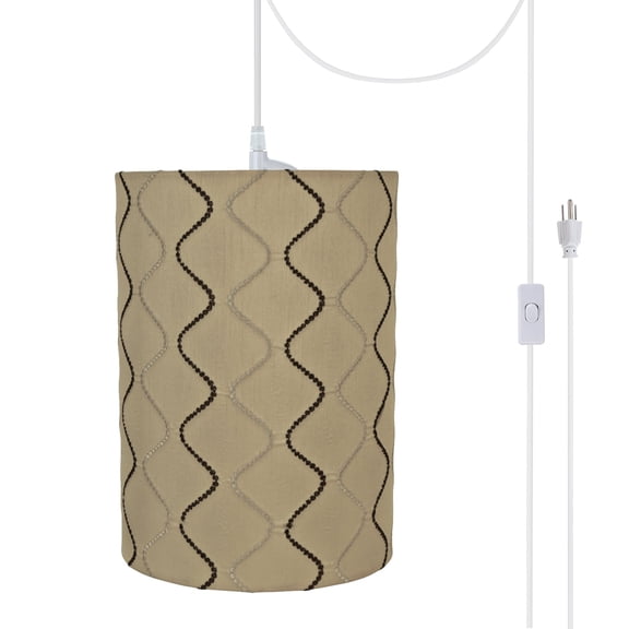 Aspen Creative 71266-21 One-Light Plug-In Swag Pendant Light Conversion Kit with Transitional Drum Fabric Lamp Shade, Yellowish Brown, 8" width