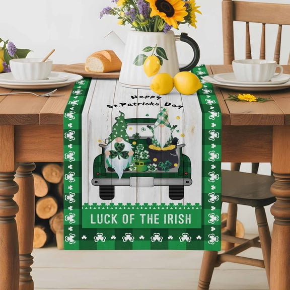 Burlap Table Runner 36 Inches Long,St. Patrick's Day Dwarf Truck Non-Slip Kitchen Table Runners for Dining Room Everyday Use Party Table Decorations Retro Wood Buffalo Green Clovers Plaid