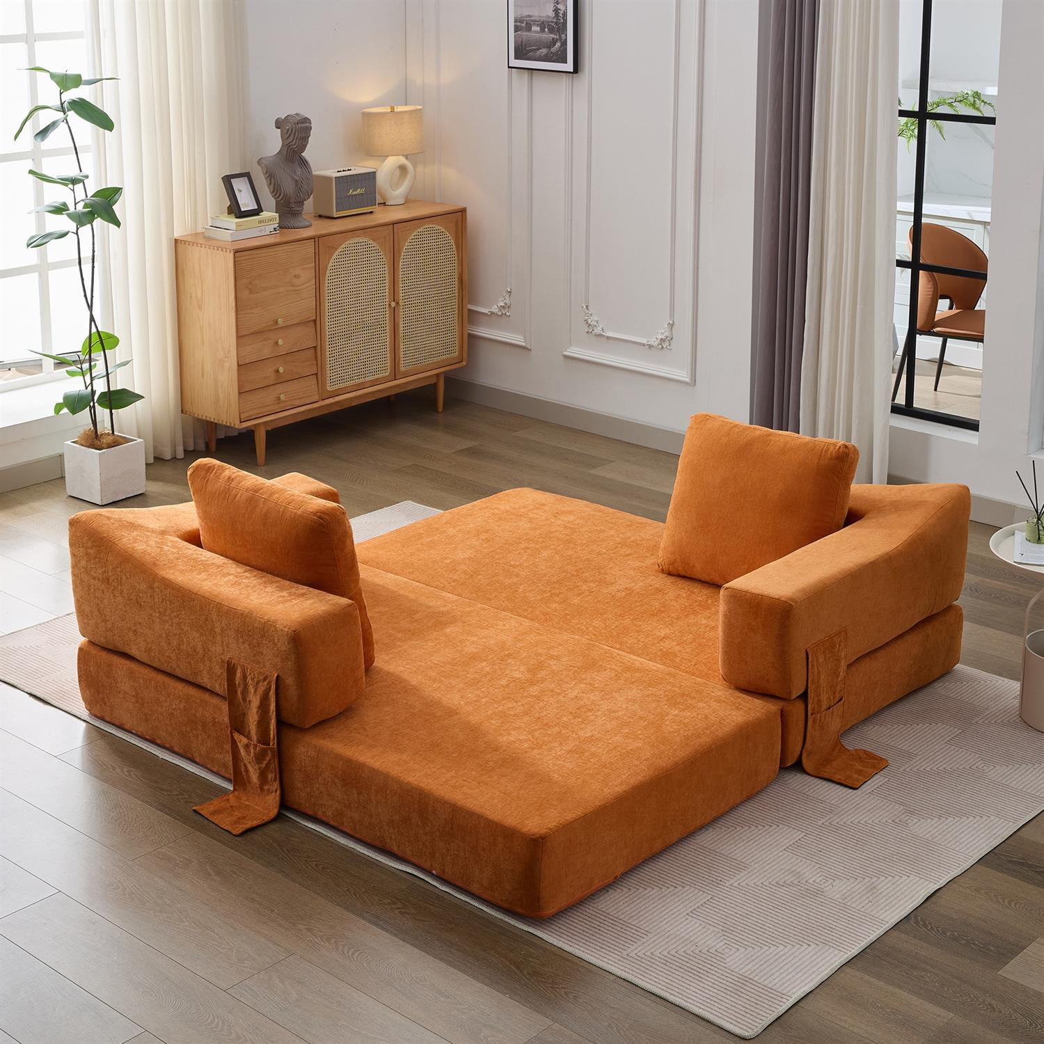 Demi Bonn 70" Modern Minimalist Convertible Sofa Bed, Fold-Out Sofa Chair, Versatile Floor Couch & Mattress for Living Room, Bedroom, Apartment, Removable Backrest, Orange