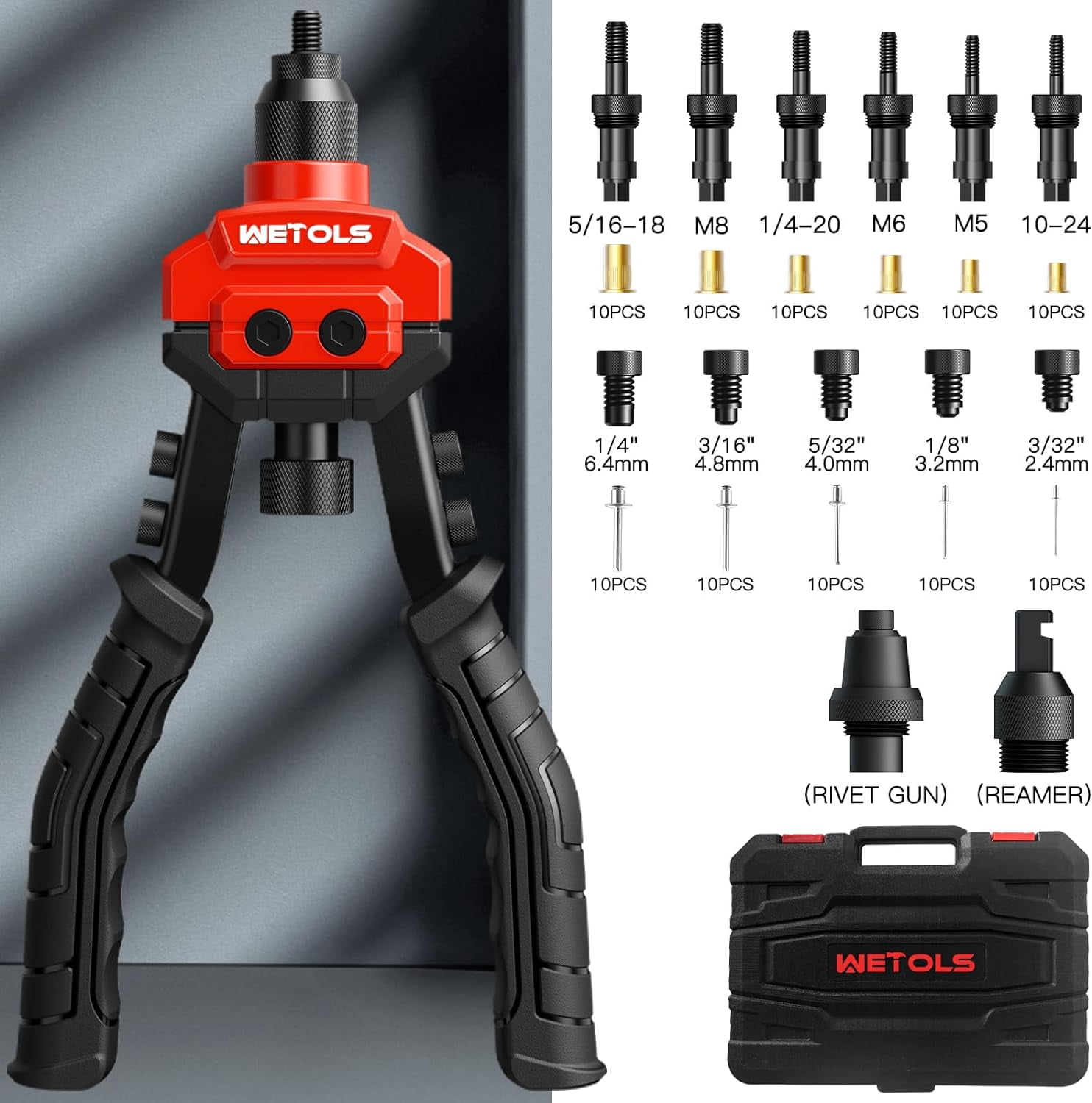 16 Rivet Nut Tool, Labor-Saving Rivnut Tool Kit with 13PCS Metric & SAE Mandrels, 186PCS Rivet Nuts,M3, M4, M5, M6, M8, M10, M12, 1/4-20, 5/16-18, 3/8-16,1/2-13, 8-32, 10-24 With Carrying Case | US