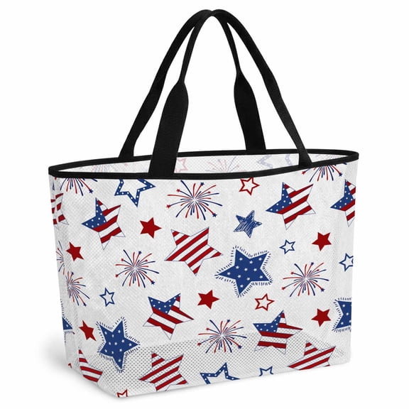4th of July Beach Bag for Women, Large Breathable Mesh Beach Tote Bag, Independence Day Blue Red Star Fireworks Sandproof Lightweight Travel Bags for Vacation Picnic Swimming Pool 15.7"x15.7"x9.1"