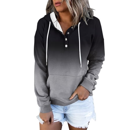 Hoodies for Women Retro Quarter Button Henley Drawstring Pullover Hoodie Long Sleeve Gradient Print Loose Daily Top Women s Sweatshirts