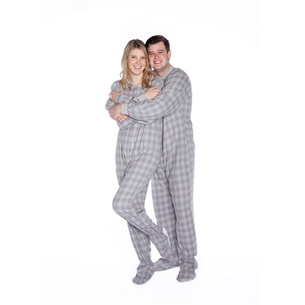 Big Feet Pajama Grey And White Plaid Flannel Mens Adult Footed Pajamas