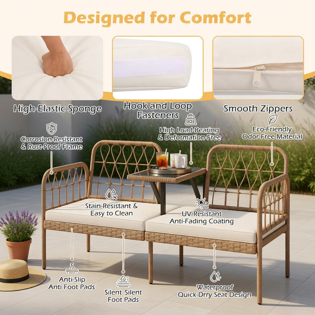Hommoo 2-Seat White PE Rattan Outdoor Loveseat with Built-in Tempered Glass Table & Removable Cushions for Patio, Porch, Backyard, Natural