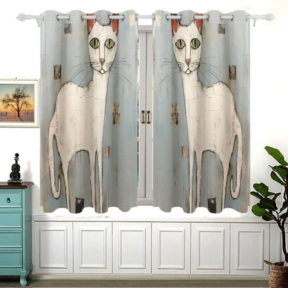 White Cat Blue Wall Curtain Black Out Thermal Insulation Curtains Aesthetic 54 Inch Length for Bedroom Living Room 2 panels set
