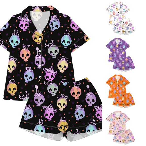 Afdoent Girls Pajamas Set Halloween Skeleton Print Sleepwear Short Sleeve With Shorts 2Pcs Pajama Sets For Kids Casual Lapel Loungewear Comfortable Holiday Sleepwear 13-14 Years