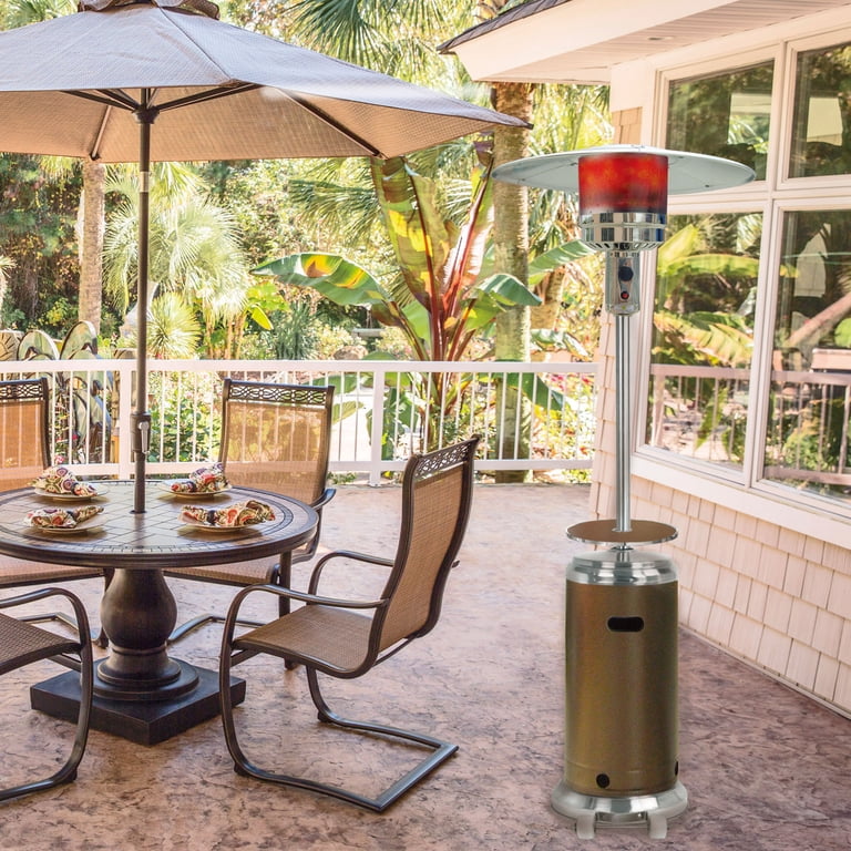 gas patio heater umbrella SUNHEAT Portable Propane with Drink Table, Golden Hammered The large four piece aluminum reflector projects 46 Hanover 48,000 BTU 26.6 sq.