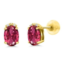 Gem Stone King 10K Yellow Gold Pink Tourmaline and White Diamond Earrings for Women (1.73 Cttw, Gemstone October Birthstone, Oval 7X5MM)