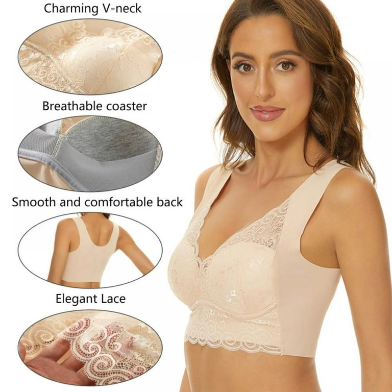 Women's Large Everyday Bra Stretch Full-Figure Seamless Lace Cut-Out Bra  Comfort Sleep Push Up Bra Auxiliary Breast Anti Sagging Bra(Beige,3XL)