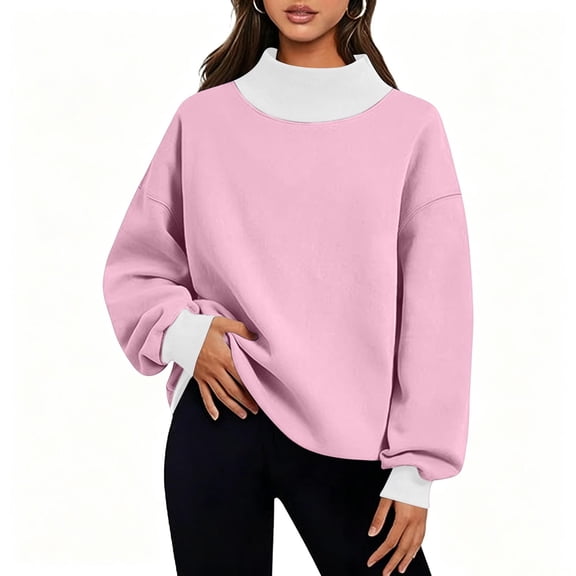 jobturf Oversized Sweatshirt for Women Color Block Mock Neck Tops Long Sleeve Fleece Pullover Fall Fashion Lightweight Sweatshirts S-2XL