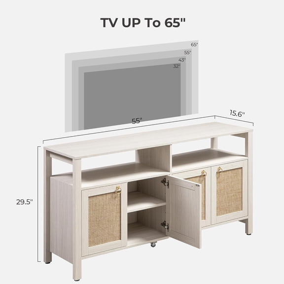 Rattan TV Stand for 65 Inch TVs - Credenza with Storage, Open Shelves & 4 for Living Room
