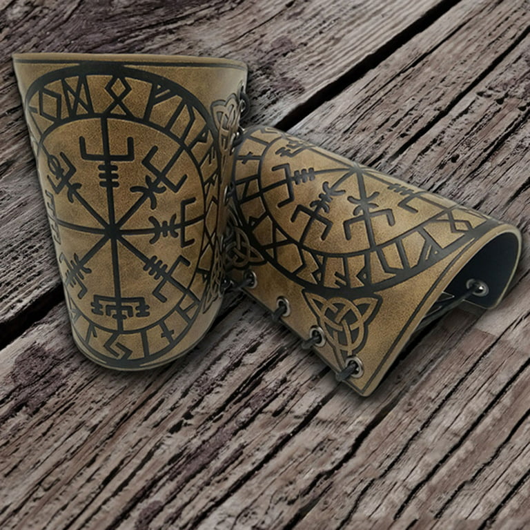 Ready Stock-1 Pair Nordic Viking Vegvisir Embossed Arm Bracers Medieval PU Leather  Arm Guards Viking Leather Bracers Cosplay Jewelry
