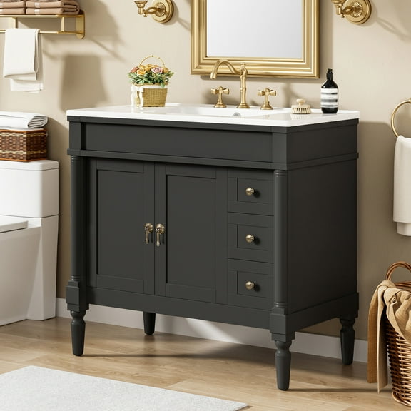 36" Single Bathroom Vanity with Ceramic Sink Top, 2 Soft Close Doors, and 3 Drawer, Black